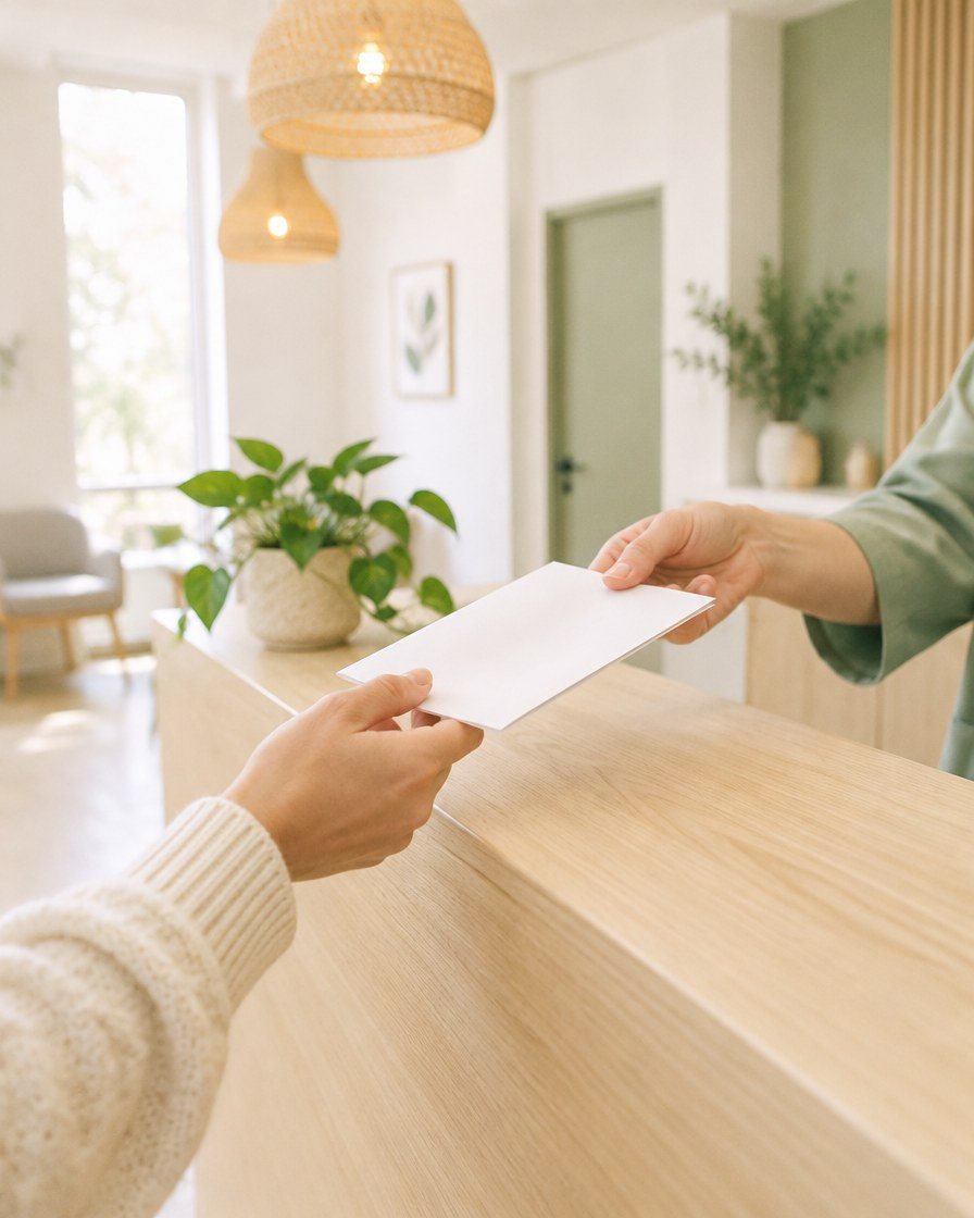 Über einen hellen Holztresen wird ein Blatt Papier gereicht
